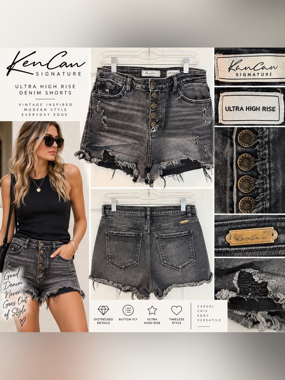 Ken Cam Signature Ultra High Rise Distressed Black Denim Shorts Button Fly
